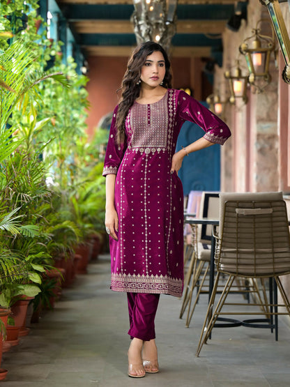 Juniper Women's Wine Ethnic Motif Printed Velvet Kurta Set With Lace