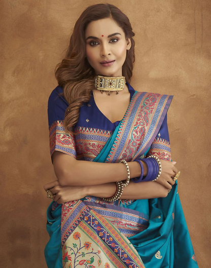 Vastranavya Blue Soft Paithani Silk Saree With Gold Zari Weaving Motifs With Matching Blouse Fabric