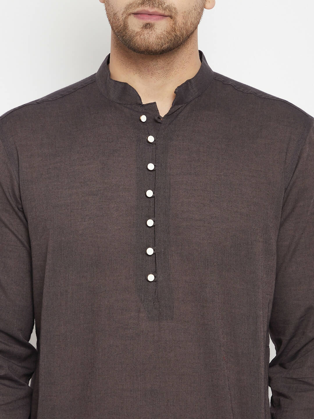Even Apparels Brown Pure Cotton Long Men's Kurta With Band Collar