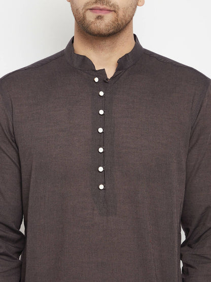 Even Apparels Brown Pure Cotton Long Men's Kurta With Band Collar