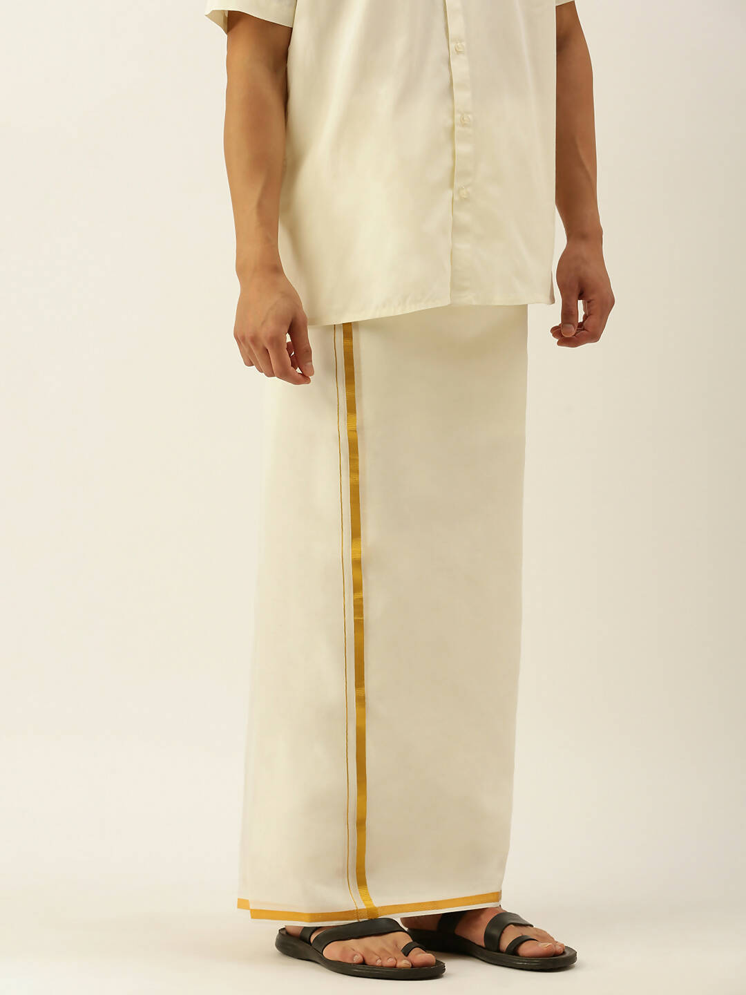 Ramraj Cotton Mens Poly Cotton 1/2 " Gold Jari Dhoti - Cream