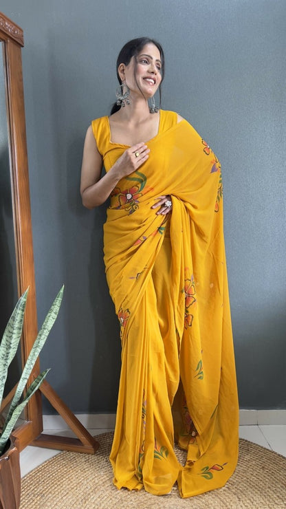 Aayaa Designer 1 min Hand Painted Ready to Wear saree - Mustard Yellow