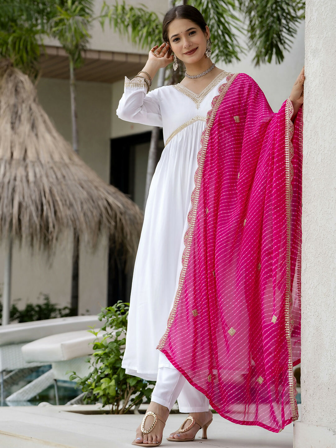 The52 White Women's Gorgeous Embroidered Chanderi Fabric Straight Kurta, Pant and Dupatta Set