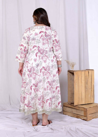 Miravan Women's Plus Size Pink Cotton Gota and Lace Border Birds and Leaf Floral Printed Anarkali Kurta