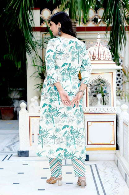 Miravan Women's Light Green Scenic Birds And Leaf Straight Pakistani Style Suit Set