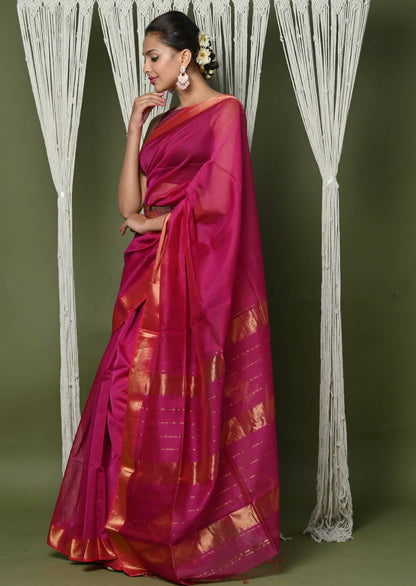 Very Much Indian Handloom Cotton Silk Maheshwari Saree With Sleek Golden Border - Red