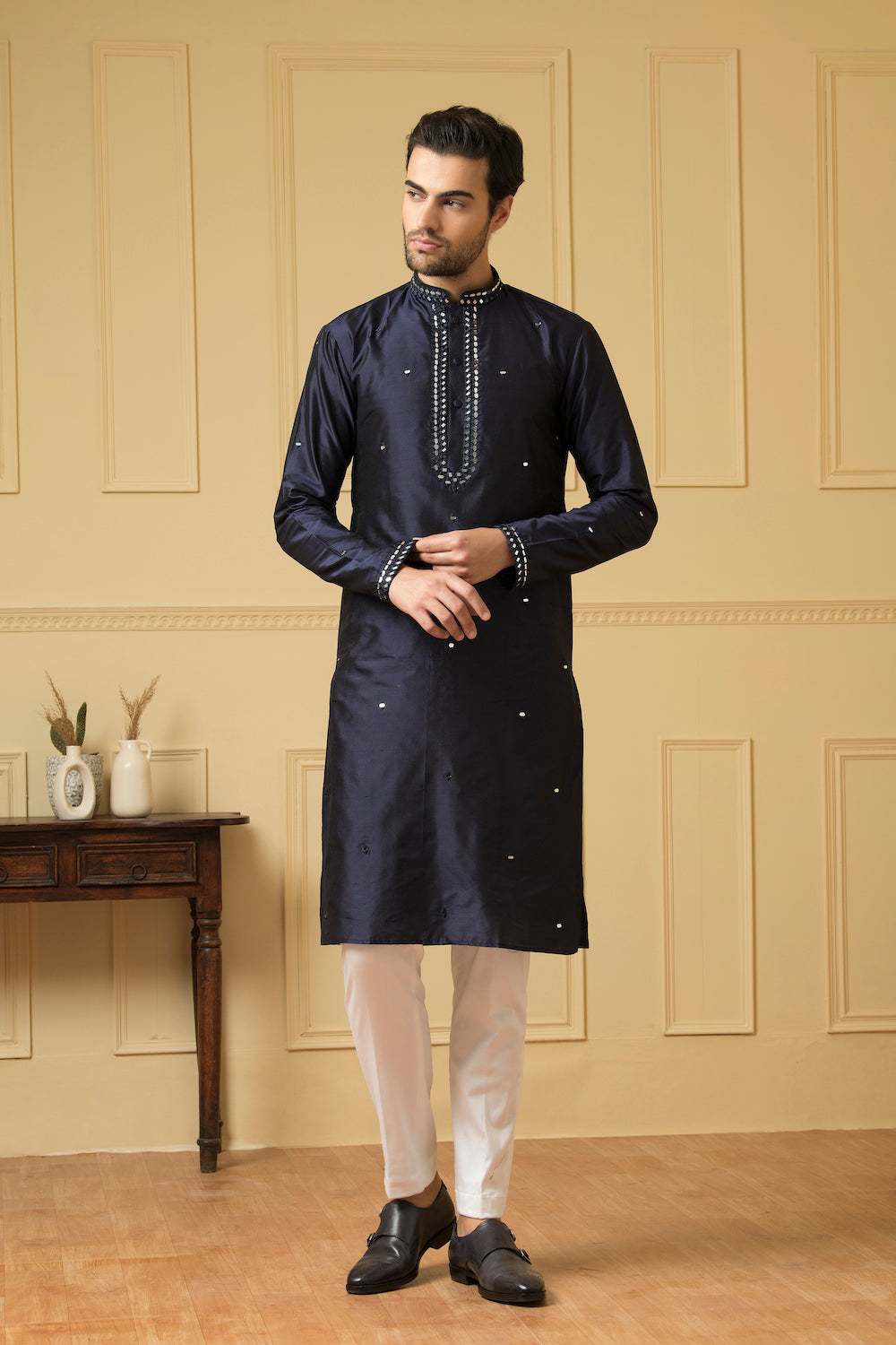 Mid Night Blue Silk Mirror Kurta by Hilo Design