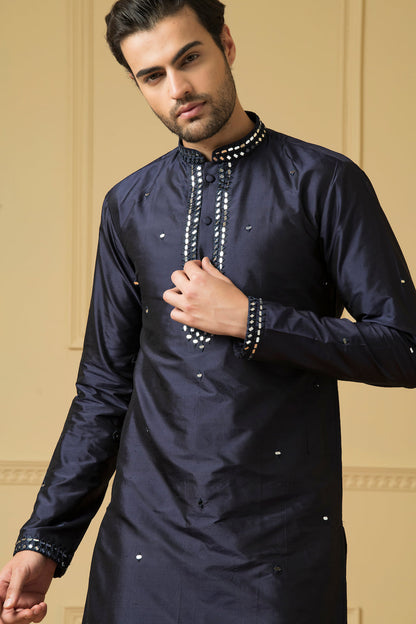 Mid Night Blue Silk Mirror Kurta by Hilo Design