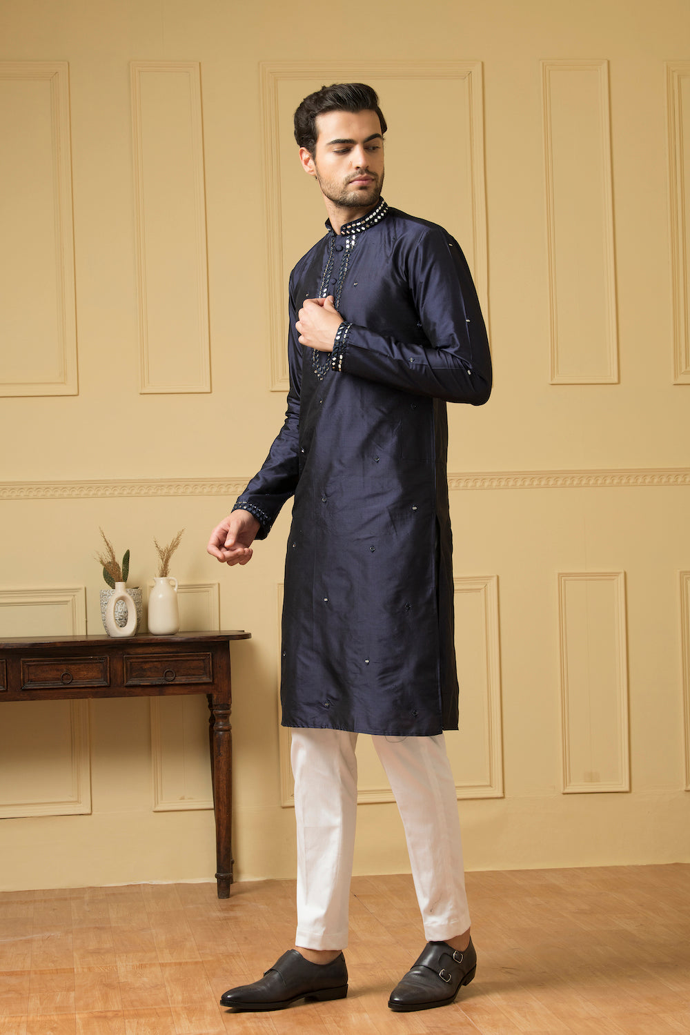 Mid Night Blue Silk Mirror Kurta by Hilo Design