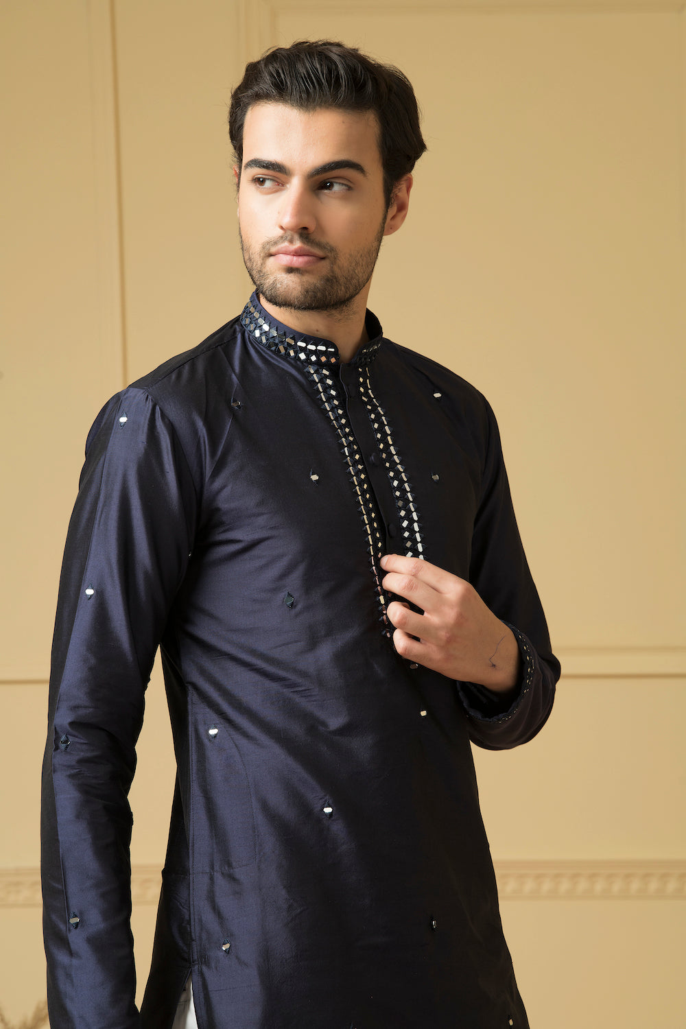 Mid Night Blue Silk Mirror Kurta by Hilo Design