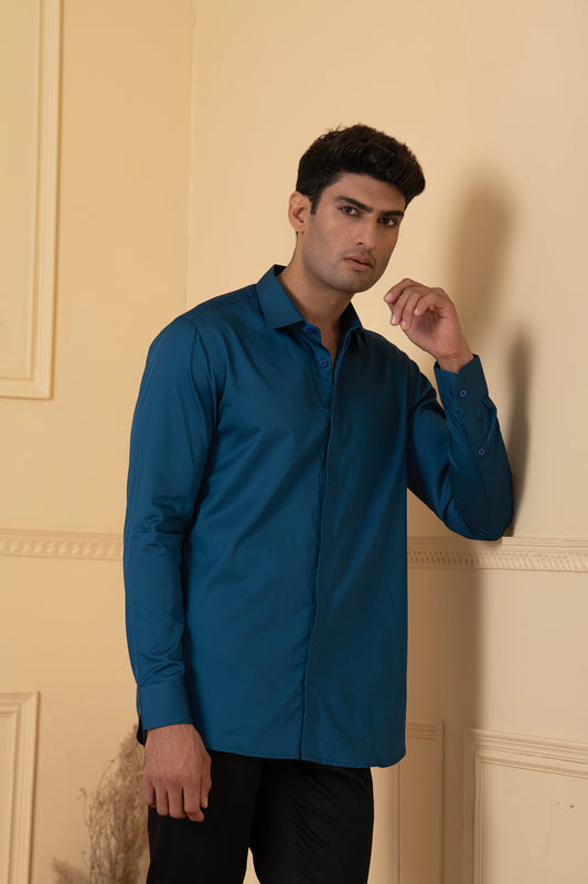 Solid Teal Blue Plain Shirt by Hilo Design