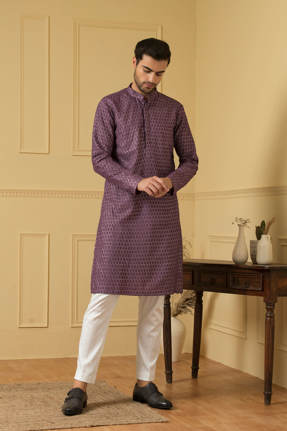 Purple Lucknowi Threadwork Kurta by Hilo Design