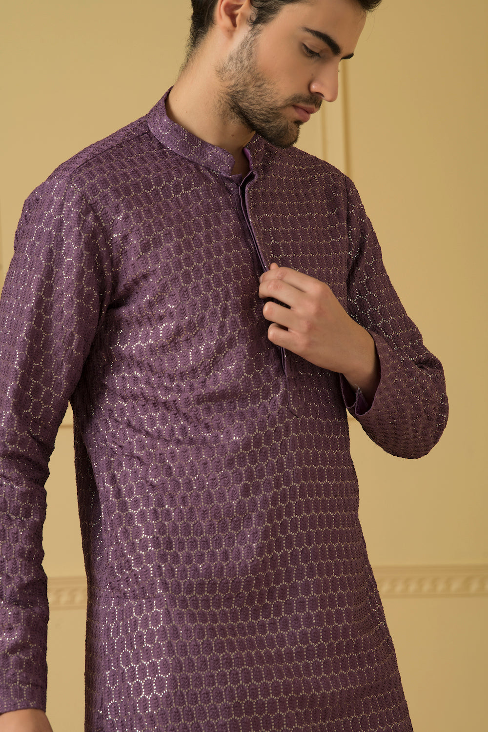 Purple Lucknowi Threadwork Kurta by Hilo Design