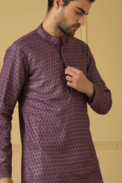 Purple Lucknowi Threadwork Kurta by Hilo Design