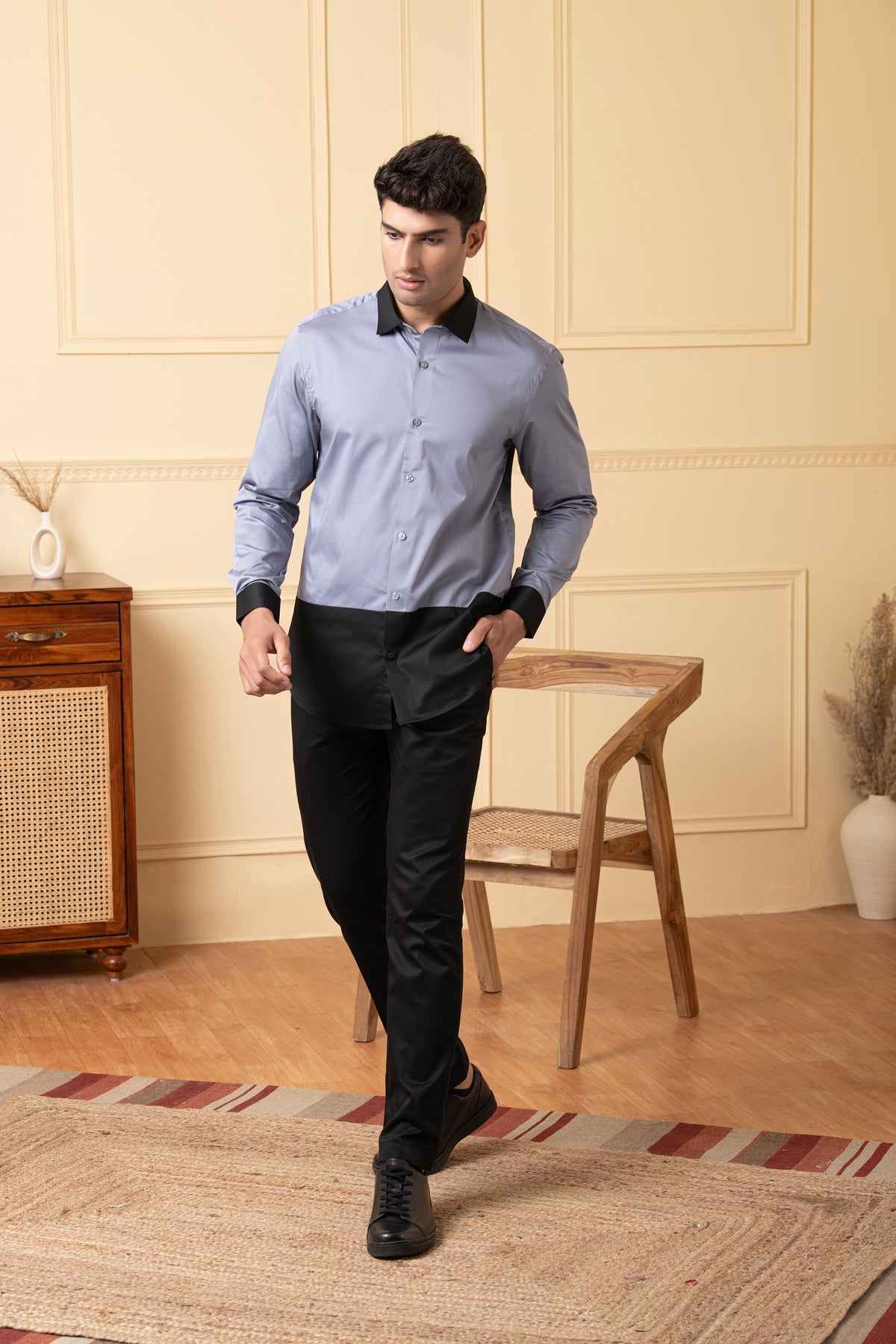 Grey Shirt With Black Patch Below The Pocket, And Black Collar by Hilo Design