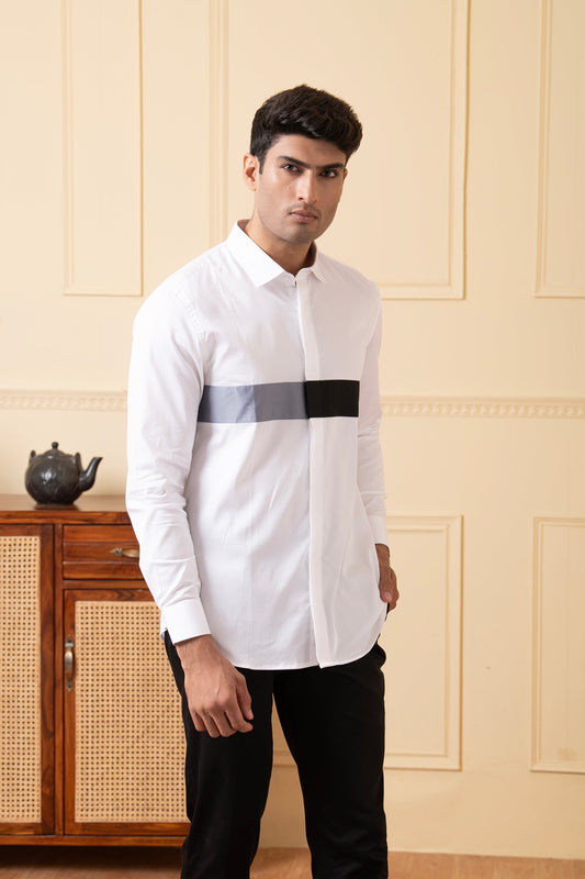 White Shirt With Grey And Black Horizontal Strip by Hilo Design