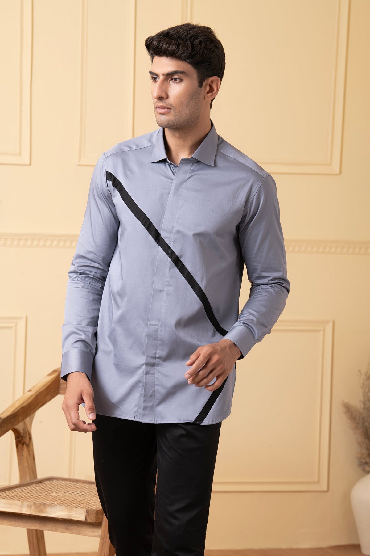 Grey Shirt With V-Shaped Black Strip by Hilo Design