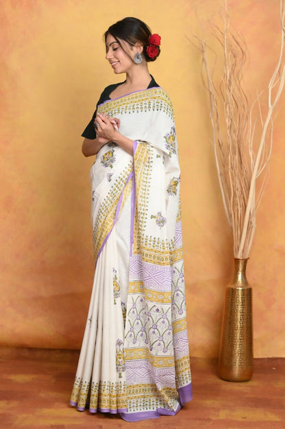 Very Much Indian Handblock Printed Cotton Saree With Natural Dyes - White