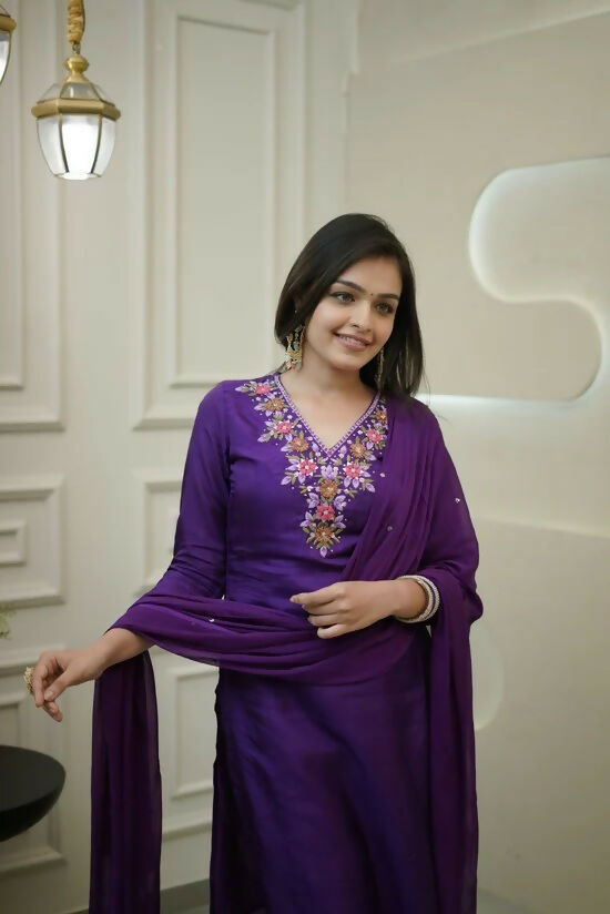 The52 Purple Women's Gorgeous Vichitra Fabric Embroidered Work Straight Kurta Pant and Dupatta Set