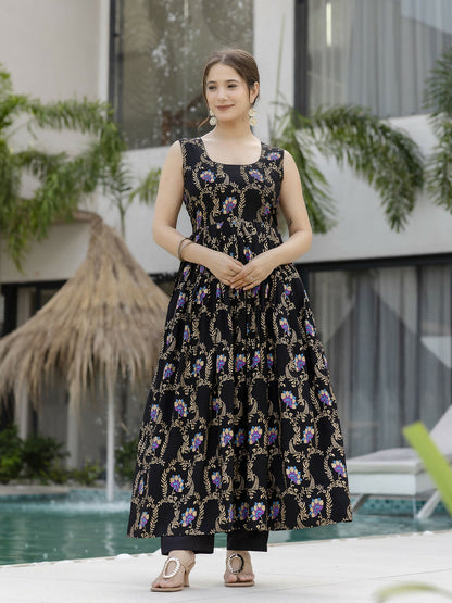 The52 Black Women's Gorgeous Printed Muslin Fabric Flared Kurta Pant and Dupatta Set