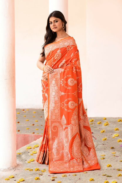 Joban Fashion Orange Banarasi Soft Pure Handloom Banarasi Silk Saree