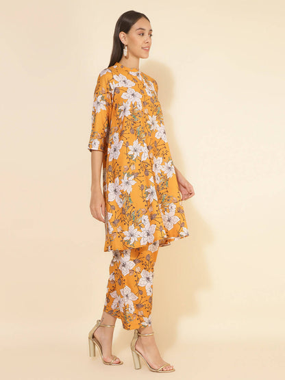 Janasya Women's Mustard Moss Digital Floral Printed Casual A-line Co-ords