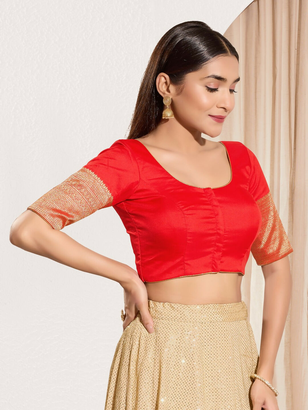 Joban Fashion Red Taffeta Silk Padded Blouse With Round Neck Elbow Sleeves