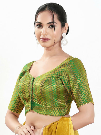 Joban Fashion Green Brocade Padded Blouse With Sweetheart Neck Elbow Sleeves