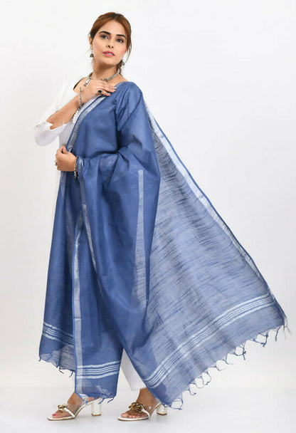 Mominos Fashion Moeza Women's Linen Cotton Silver Border Blue Dupatta