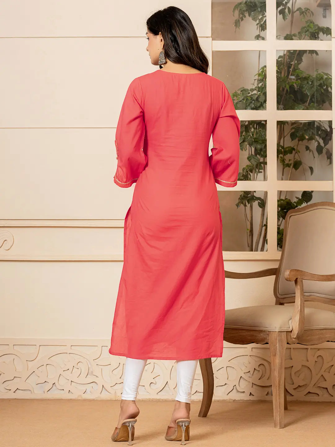 Yufta Hot Pink Hand Painted Straight Kurta