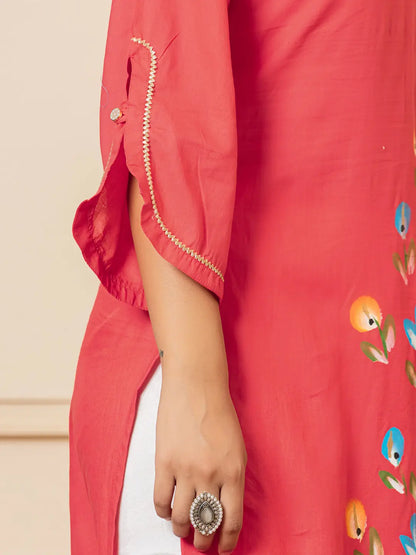 Yufta Hot Pink Hand Painted Straight Kurta