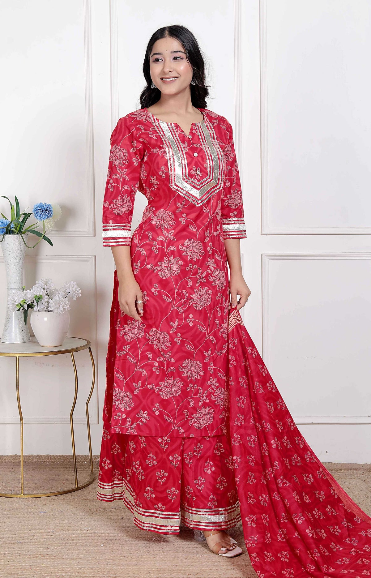 Miravan Red Floral Print Embroidered Cotton Straight Kurta with Palazzo & Dupatta