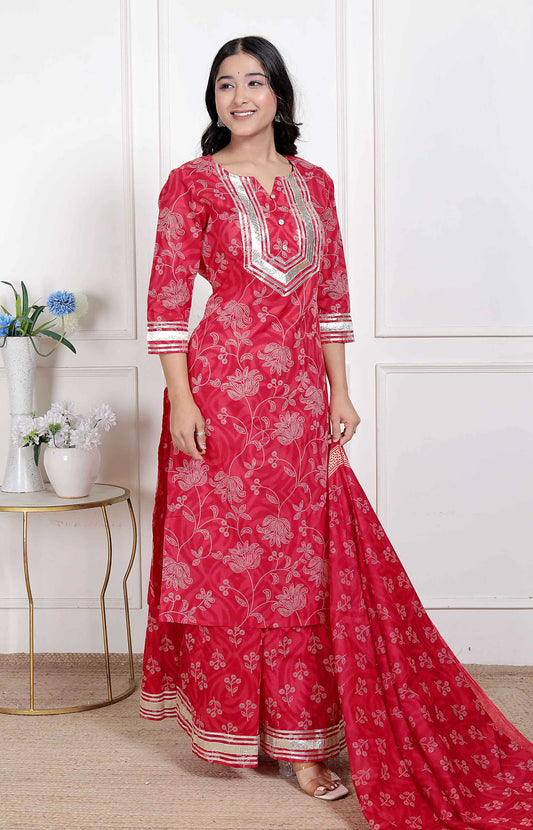 Miravan Red Floral Print Embroidered Cotton Straight Kurta with Palazzo & Dupatta
