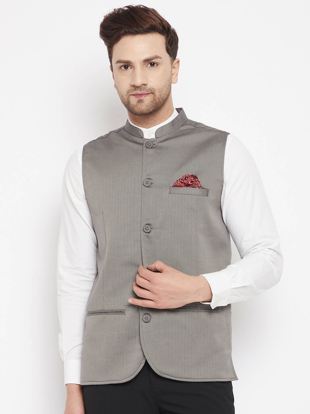 Even Apparels Grey Polyester Men's Nehru Jacket-Contrast Lining-Inbuilt Pocket Square