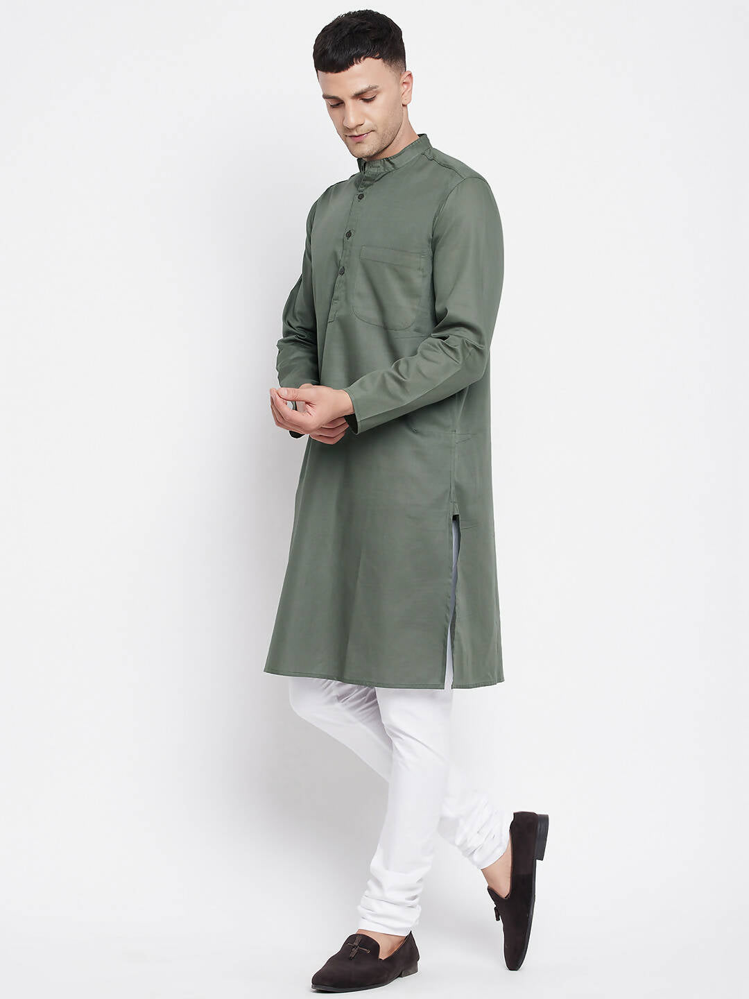 Even Apparels Green Color Linen Men's Kurta With Band Collar