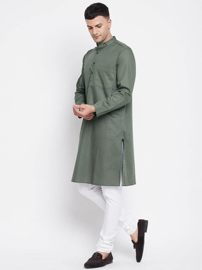 Even Apparels Green Color Linen Men's Kurta With Band Collar