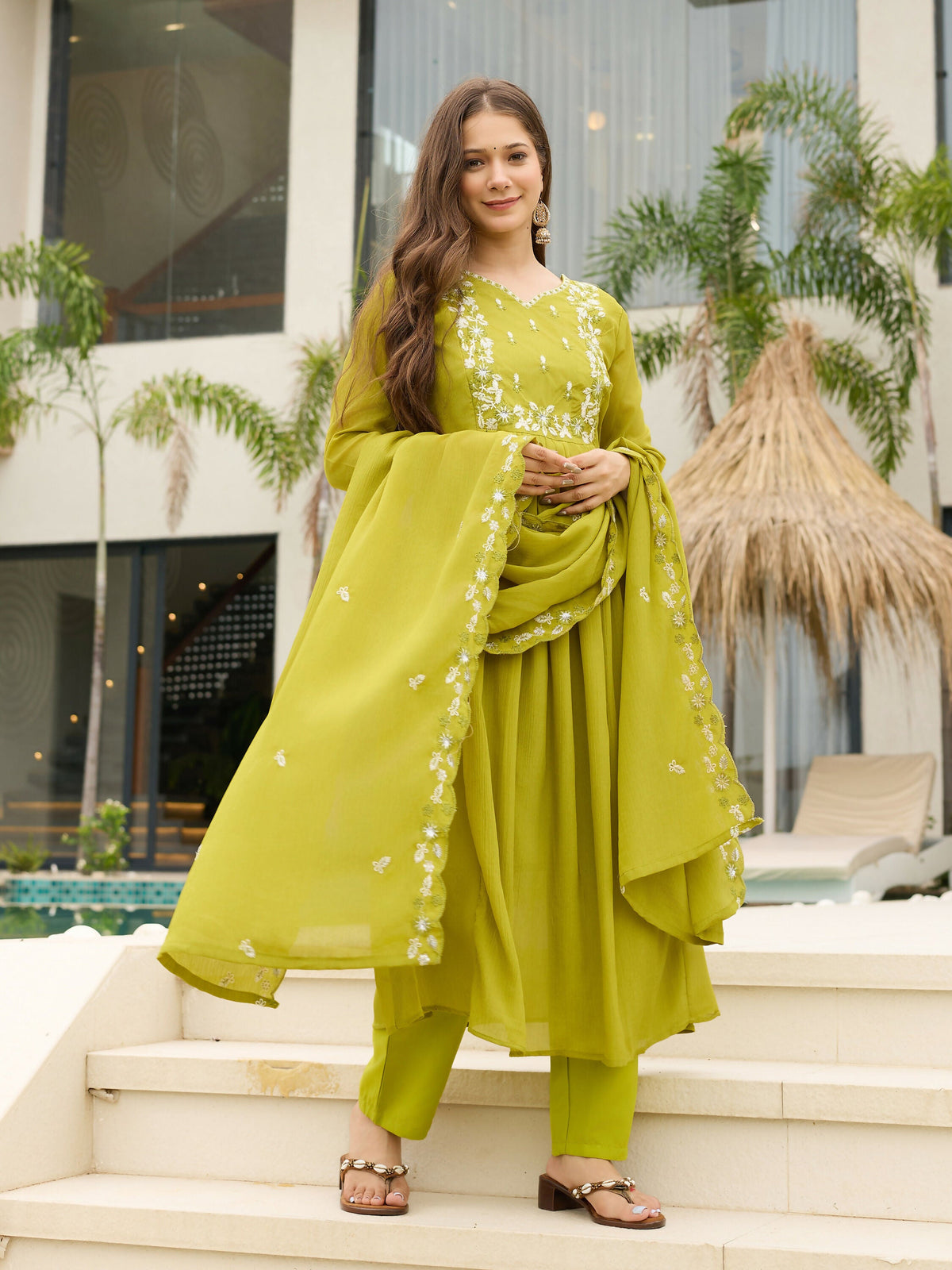 The52 Lemons Women's Gorgeous Chinon Embroidered Flared Kurta with Pant And Dupatta Set