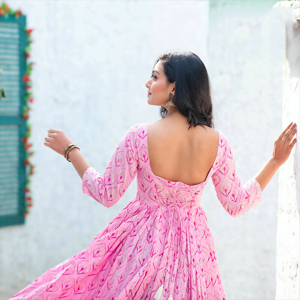 Partywear Designer Digital Printed Light pink Pure Maslin Gown - Anbazaar