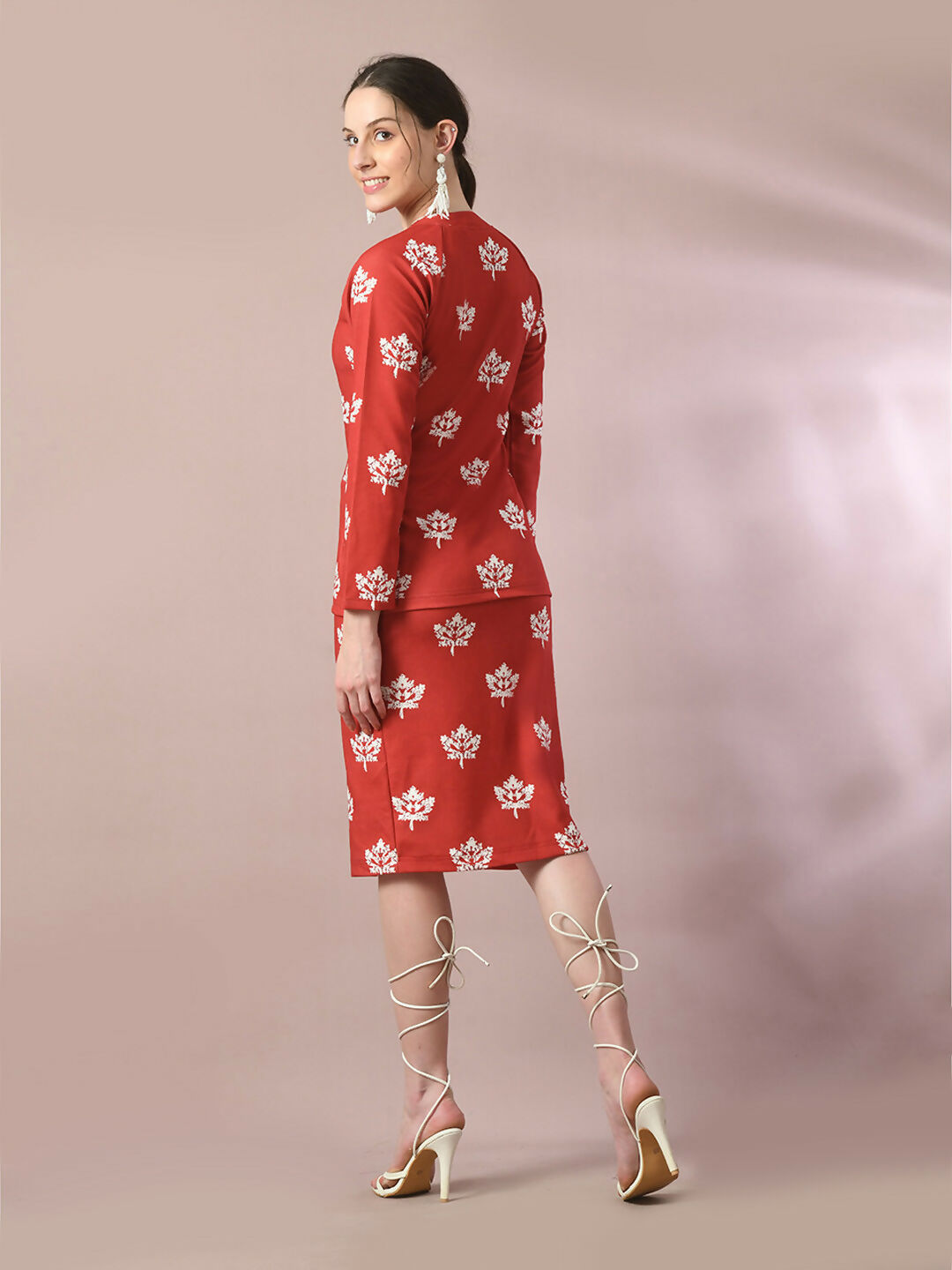 Myshka Women's Rust Printed Round Neck Party Top With Skirt Co-ord set