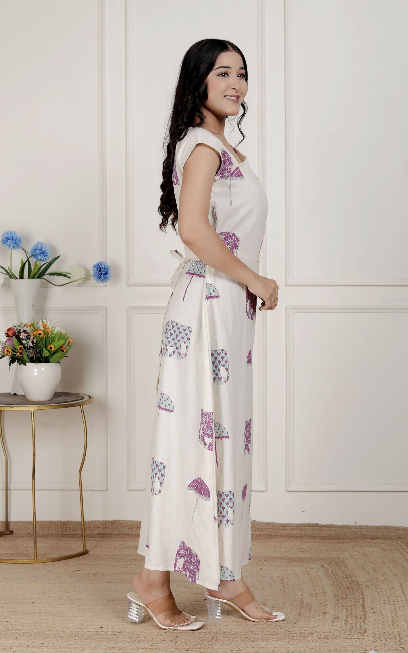 Miravan Womens Off-White Animal Printed Asymmetric Neck A-Line Maxi Dress