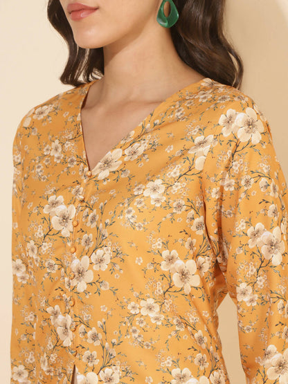 Janasya Women's Mustard Moss Floral Printed Casual Front Slit Co-ords