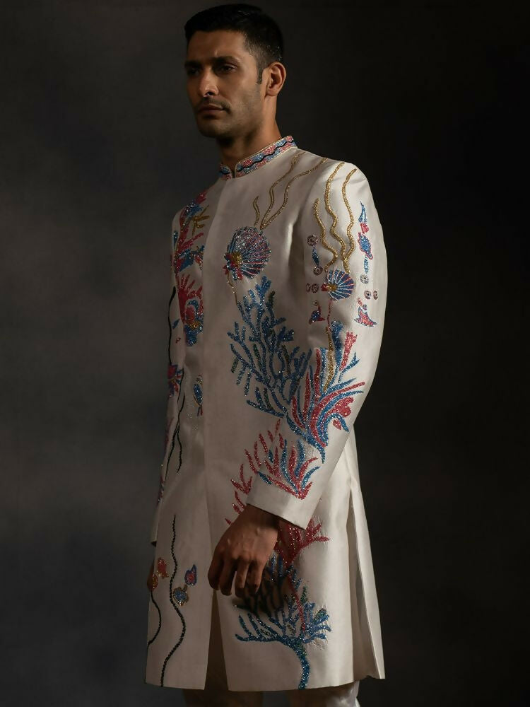 Off White Aqua Hand Embroideried Indowestern Sherwani by Hilo Design