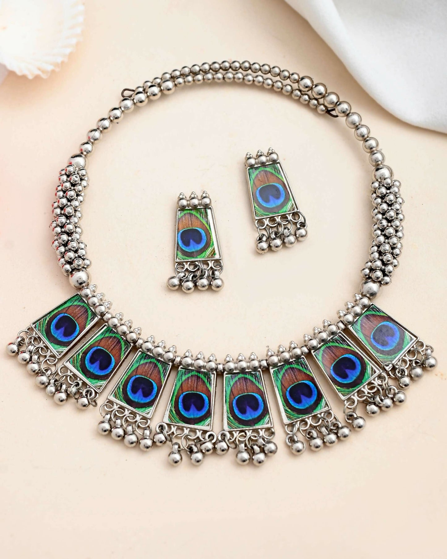 VOJ Silver Plated Oxidized Peacock Print Hasli with Earring Set