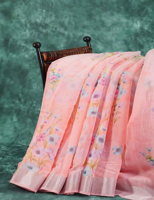 Baby Peach Floral Print Semi Chanderi Saree By Gayathri Reddy Designer Studio