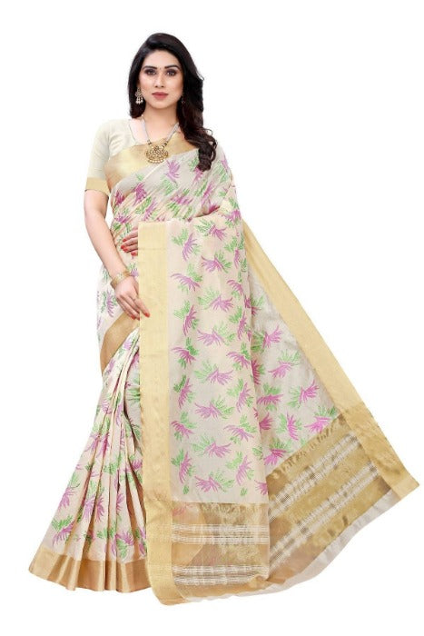 Vamika Cotton Polyester Silk Weaving Cream Saree (KERALA MANSHI)