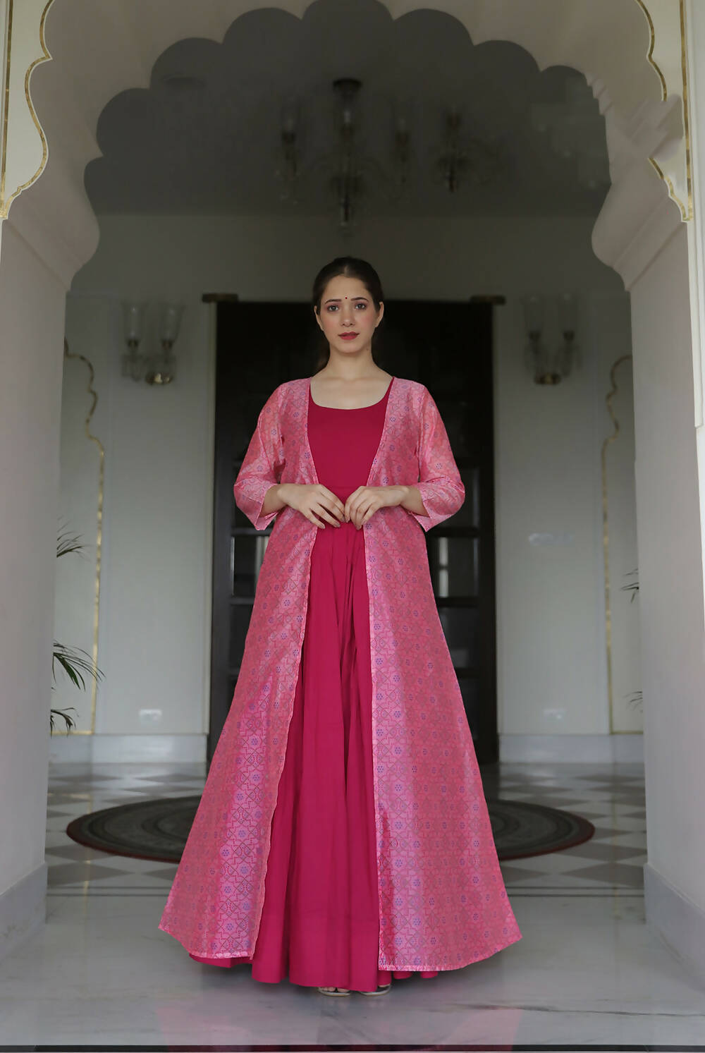 Partywear Designer Digital print Pink Maslin Gown - Anbazaar