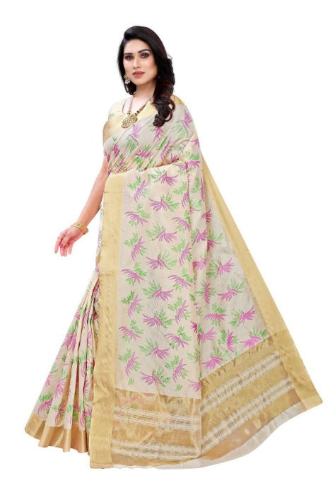 Vamika Cotton Polyester Silk Weaving Cream Saree (KERALA MANSHI)