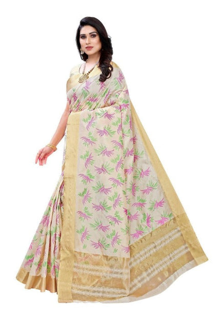 Vamika Cotton Polyester Silk Weaving Cream Saree (KERALA MANSHI)