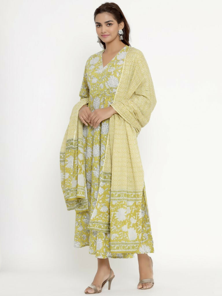 Miravan Women's Cotton Floral Print Anarkali Kurta With Dupatta