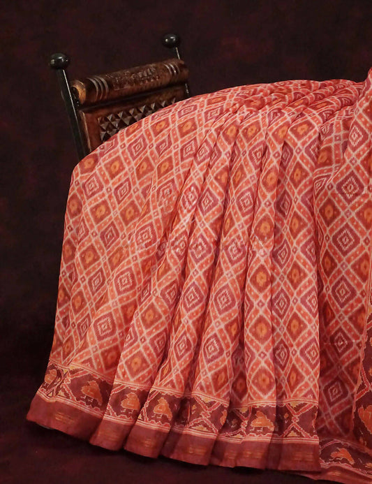Peachish Orange Diamond Printed Semi Chanderi Saree By Gayathri Reddy Designer Studio
